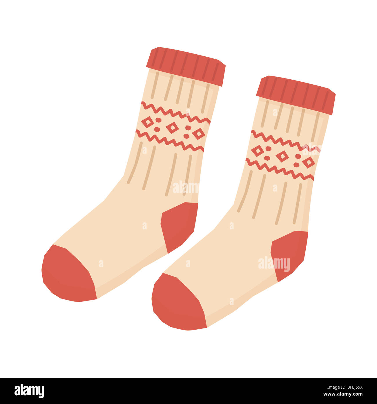 Cozy knitted winter socks with red Nordic pattern vector illustration Stock Vector