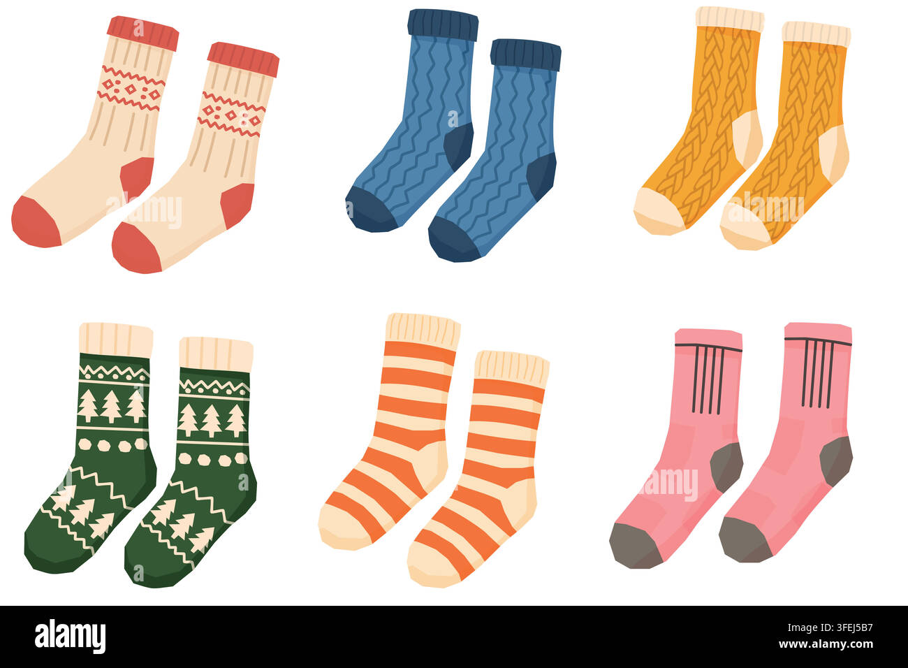 Colorful knitted winter socks collection with different patterns vector illustration Stock Vector