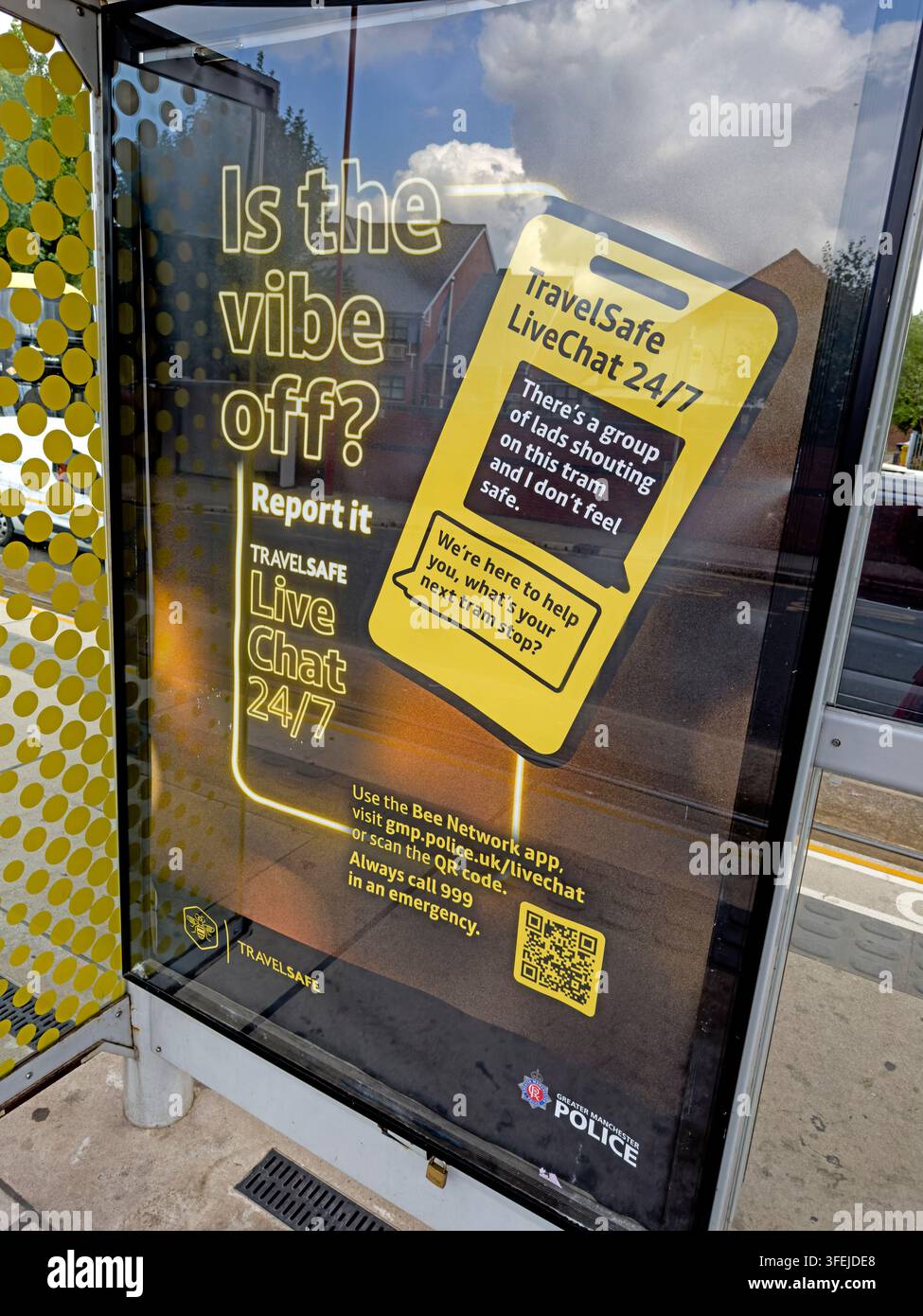 Metrolink TravelSafe campaign promotes discreet 24/7 reporting of crime,harassment & antisocial behaviour in Greater Manchester.See it, say it,sort it Stock Photo