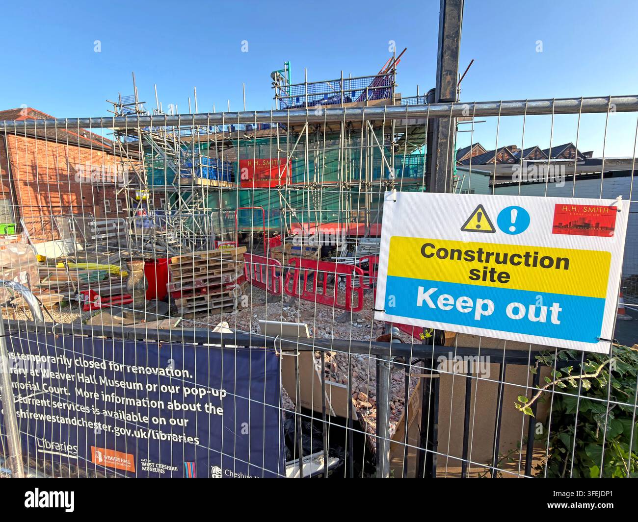 Construction work during the refurbishment of historic Northwich Library, Cheshire, in 2026. Stock Photo