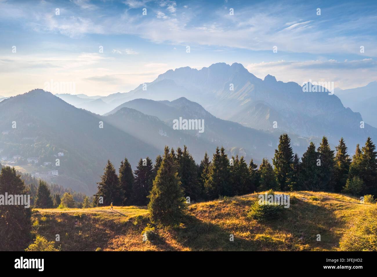 The panoramic view over Presolana massif in summer from Croce del Vareno. Angolo Terme, Valcamonica, Brescia district, Lombardy, Italy. Stock Photo