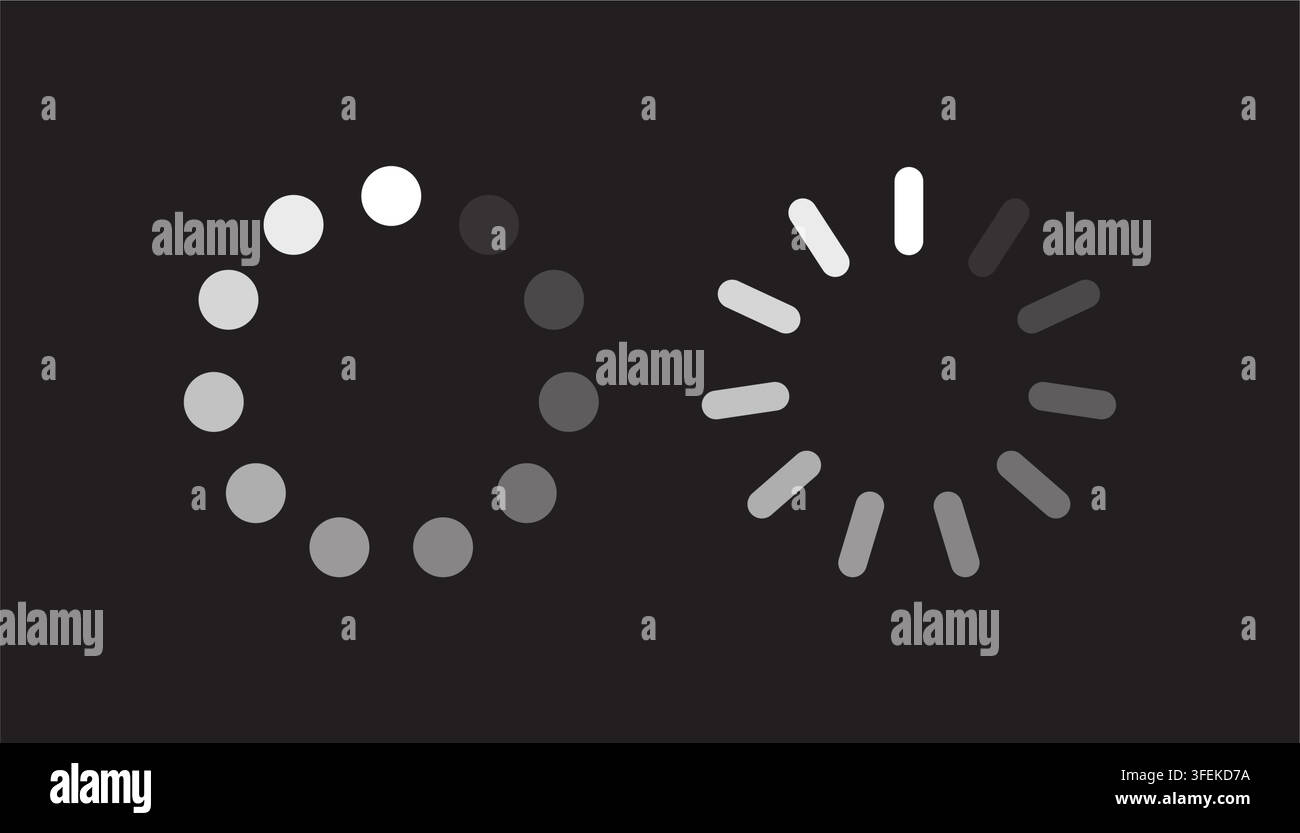 Minimalist loading spinner and buffer icon set on dark background showing web progress process and waiting status. Stock Vector