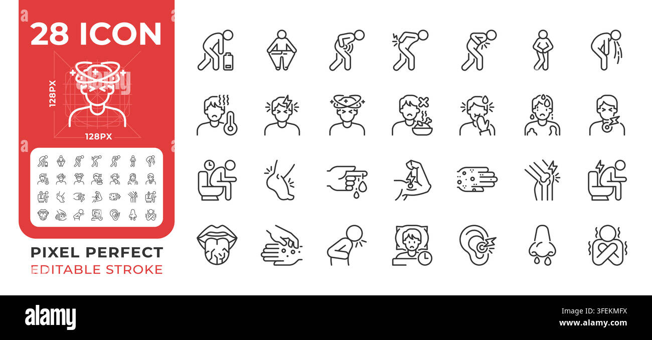 Symptoms pixel perfect simple line icons set Stock Vector