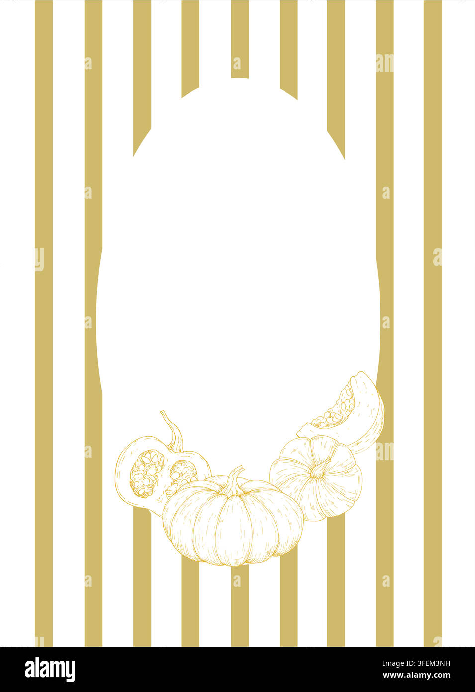Vector autumn frame template with golden stripes and pumpkins. Modern vertical background with blank copy space for Thanksgiving invitation Stock Vector