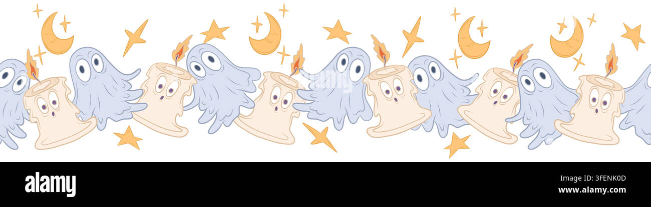 Seamless vector border with Halloween ghosts and candles Stock Vector