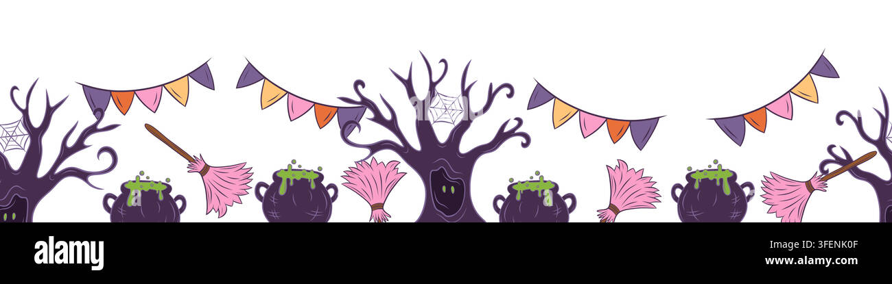 Seamless vector border with spooky trees, cauldrons and brooms Stock Vector