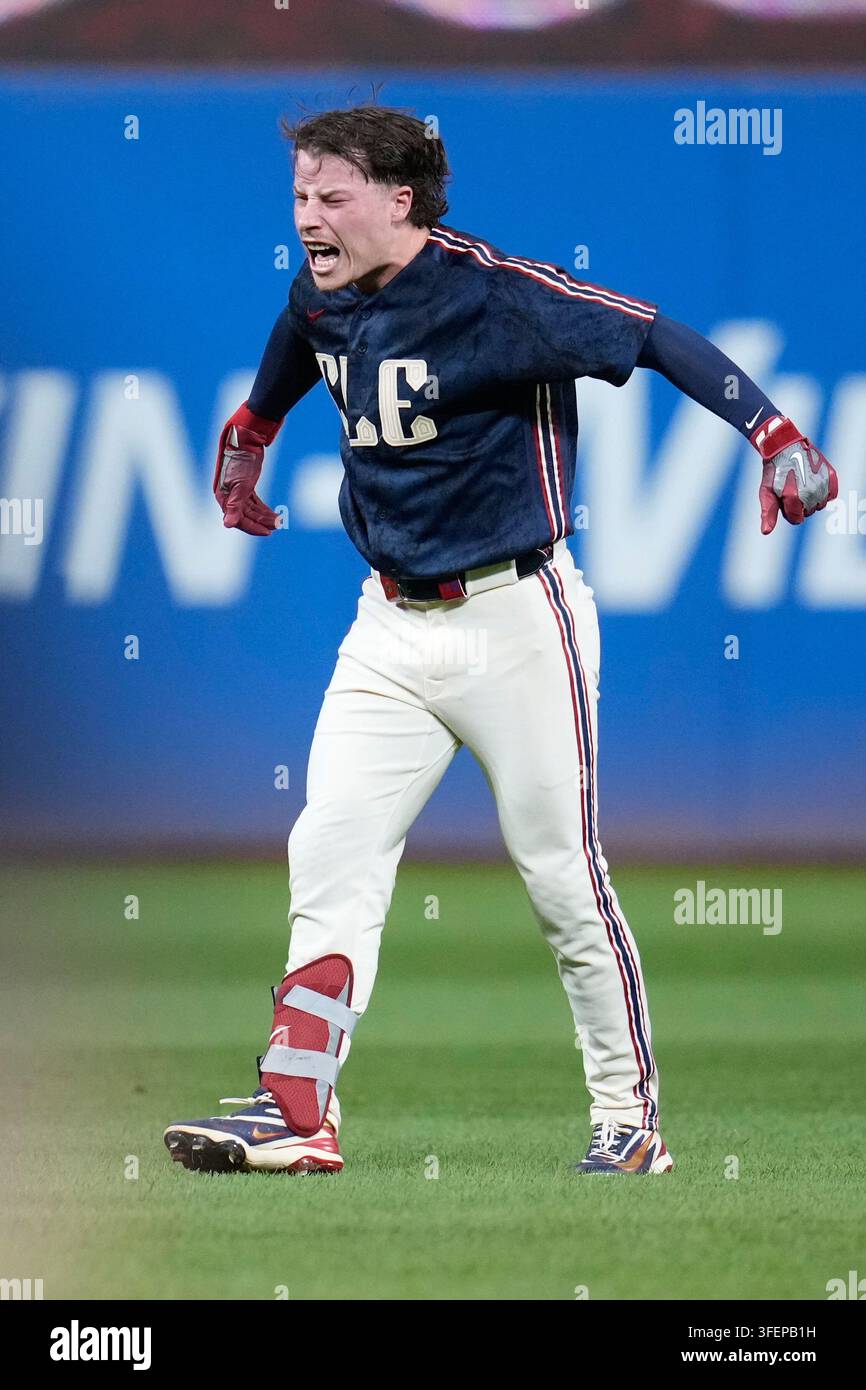 Cleveland Guardians' Travis Bazzana reacts after his game winning