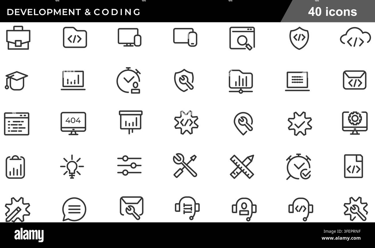 Vector illustration set of 40 development and coding line icons featuring code brackets, web optimization, bug fixing, cloud coding, and 404 page. Stock Vector