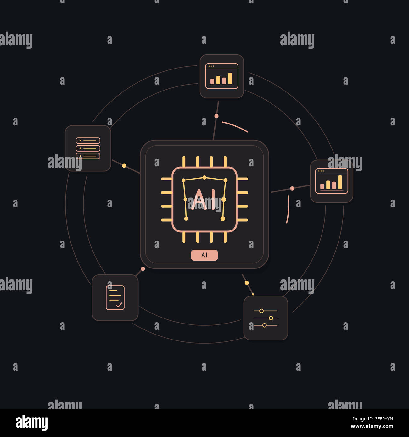 Neural AI processor with connected technology symbols and editable geometric shapes. Stock Vector