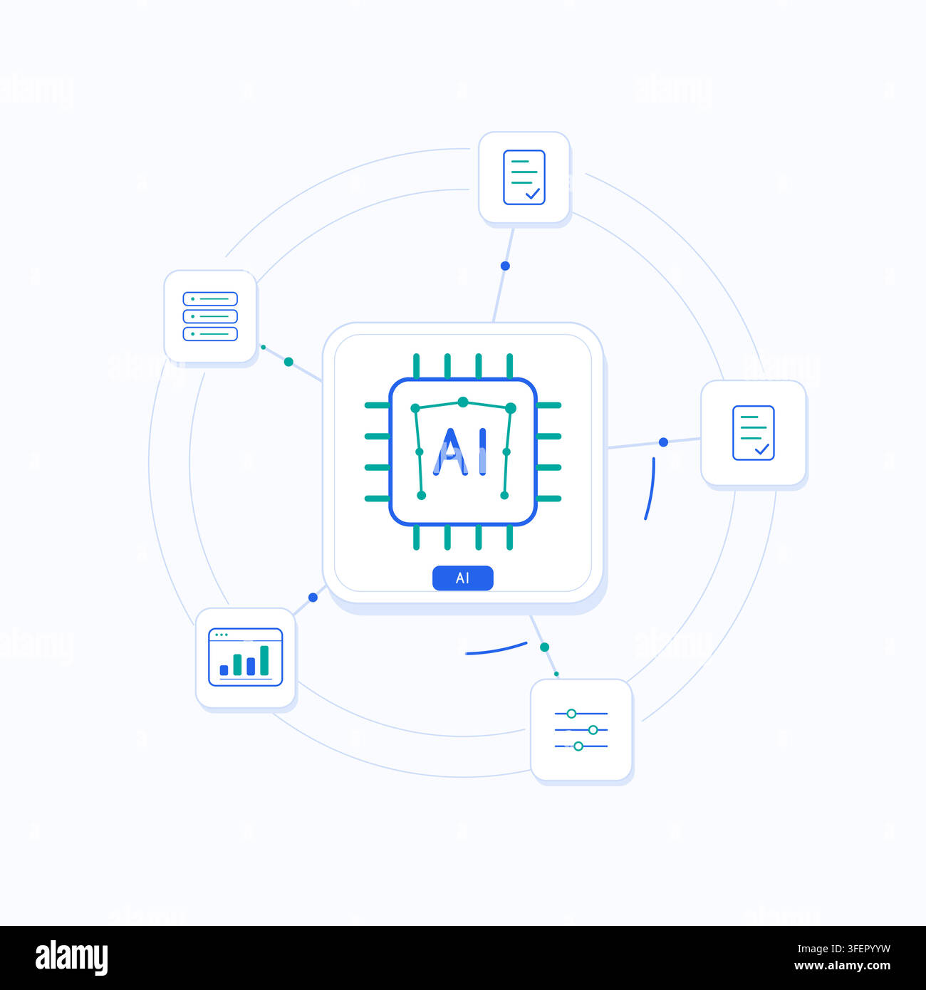 Neural AI processor with connected technology symbols and editable geometric shapes. Stock Vector
