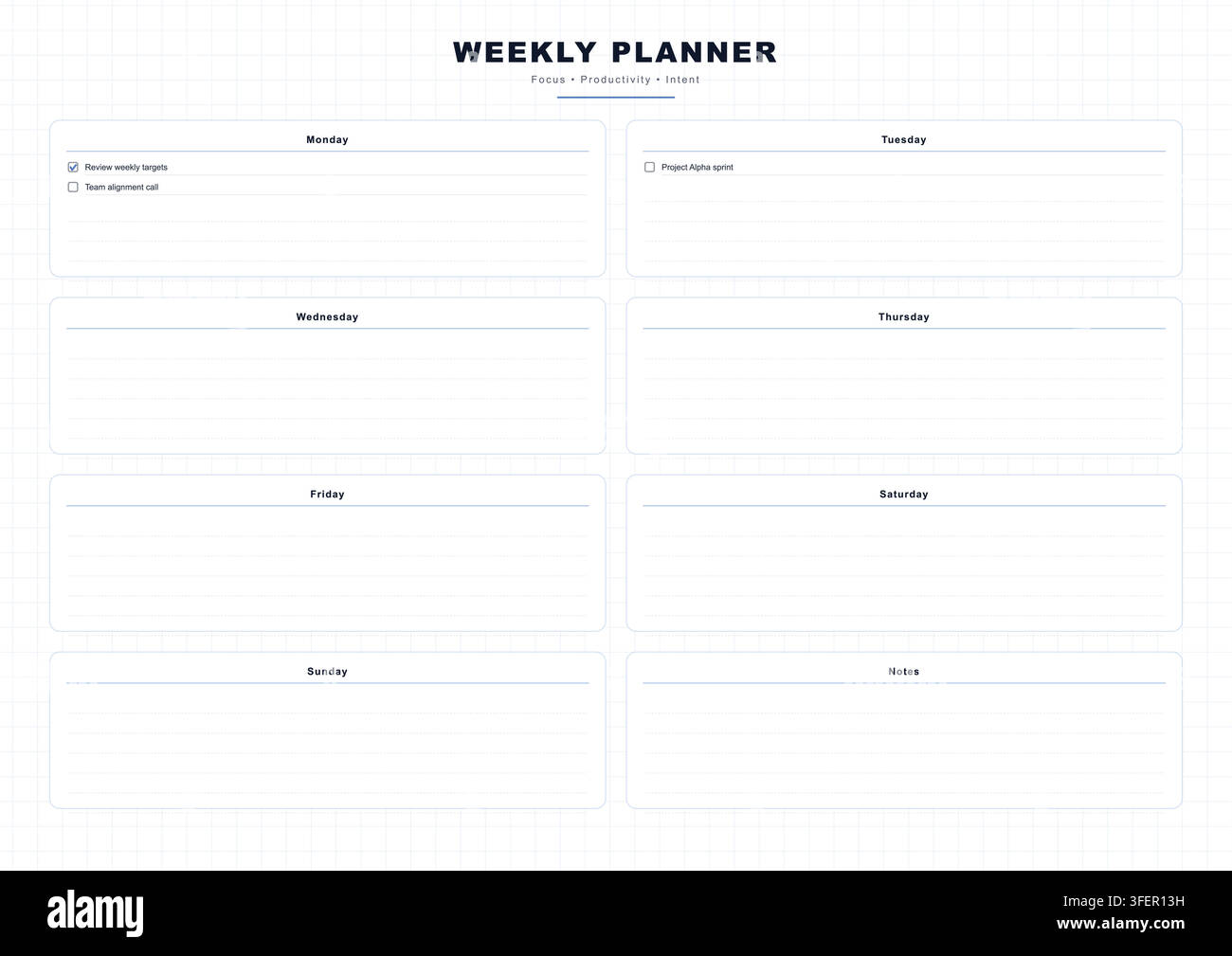 Weekly Planner Template with Daily Schedule, Notes and Productivity Checklist Stock Vector