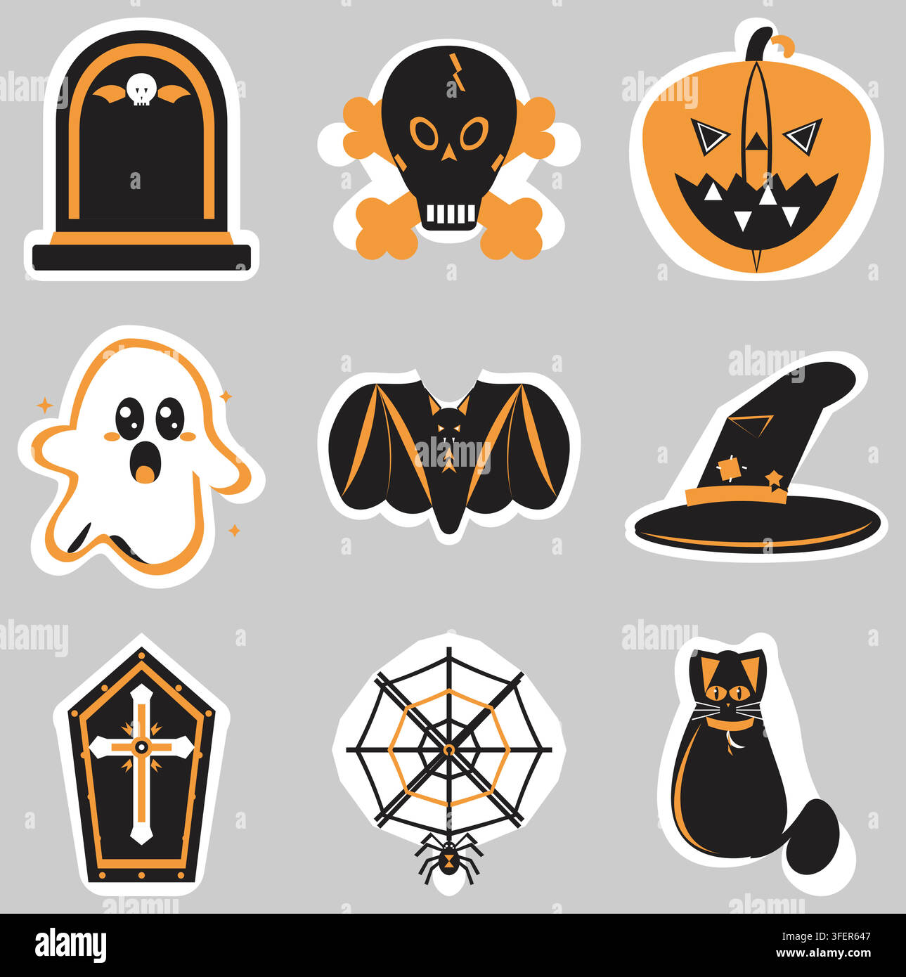 Halloween sticker set featuring spooky icons in flat vector design Stock Vector
