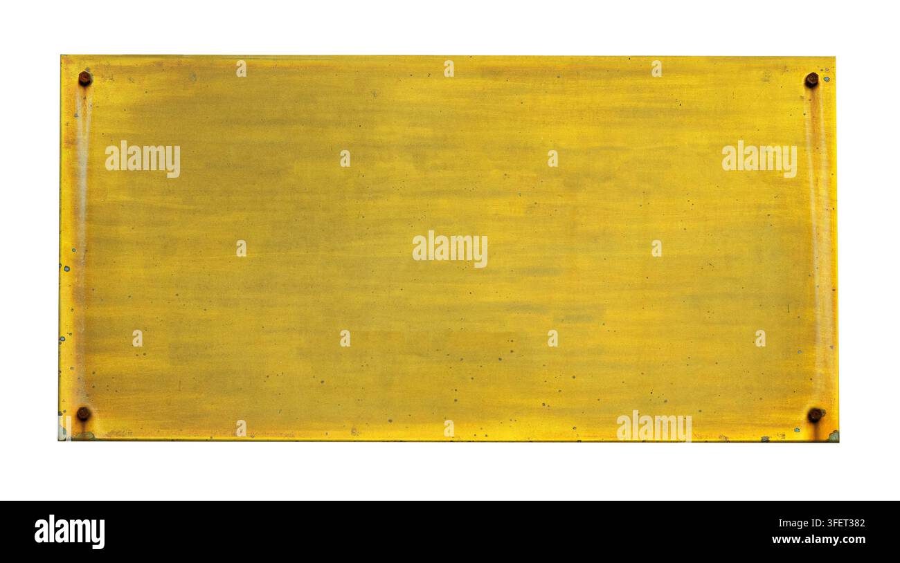 Rectangular yellow metal plate with rusty nails, isolated on a transparent background Stock Photo