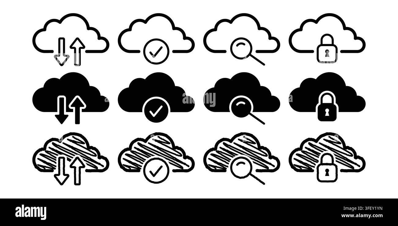 Cloud computing icon set including upload, download, check mark, search, and secure lock in three different graphic styles. Vector illustration. Stock Vector