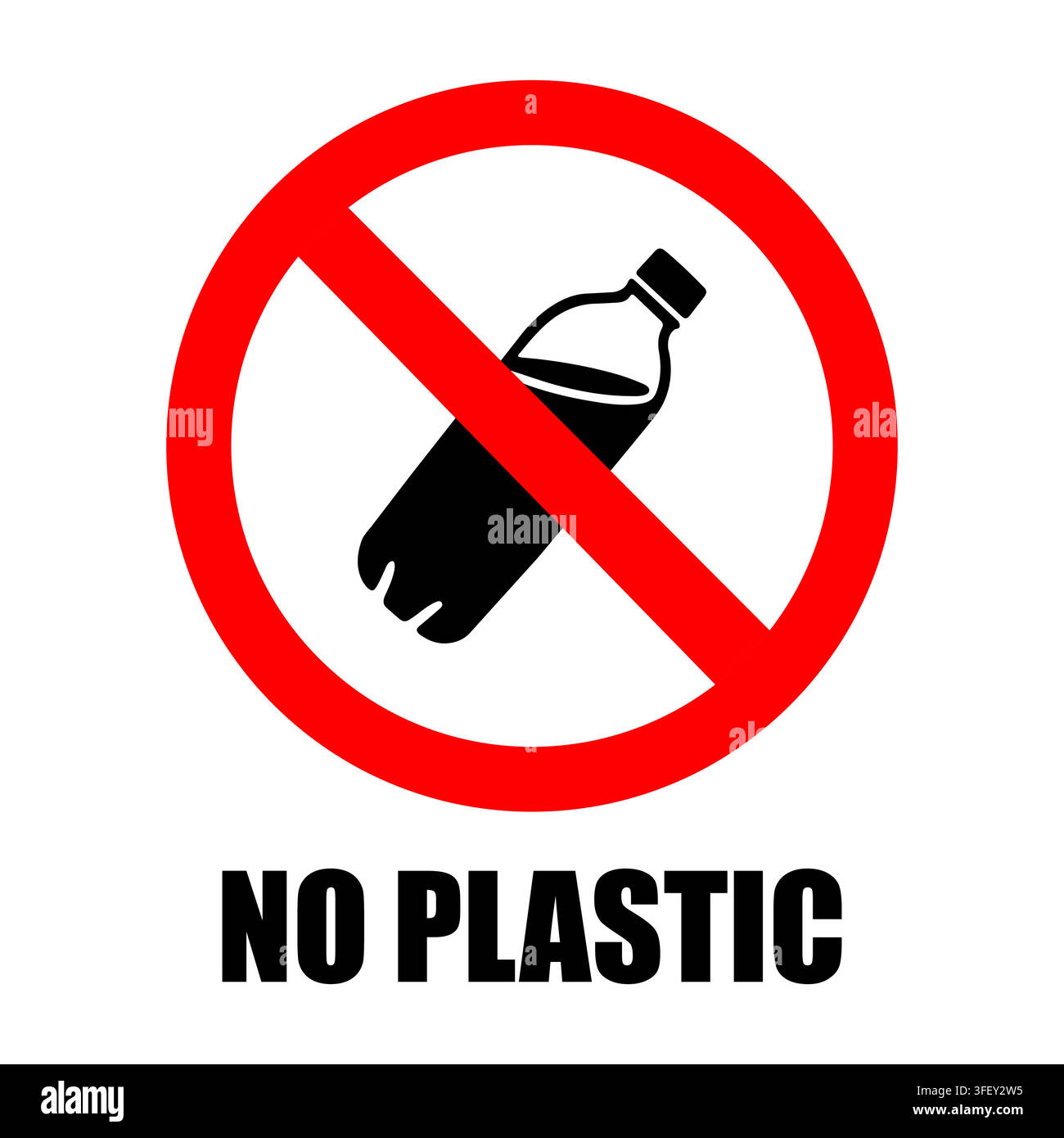 No Plastic Bottle Sign Icon with Red Prohibition Symbol and Bold Text Stock Vector