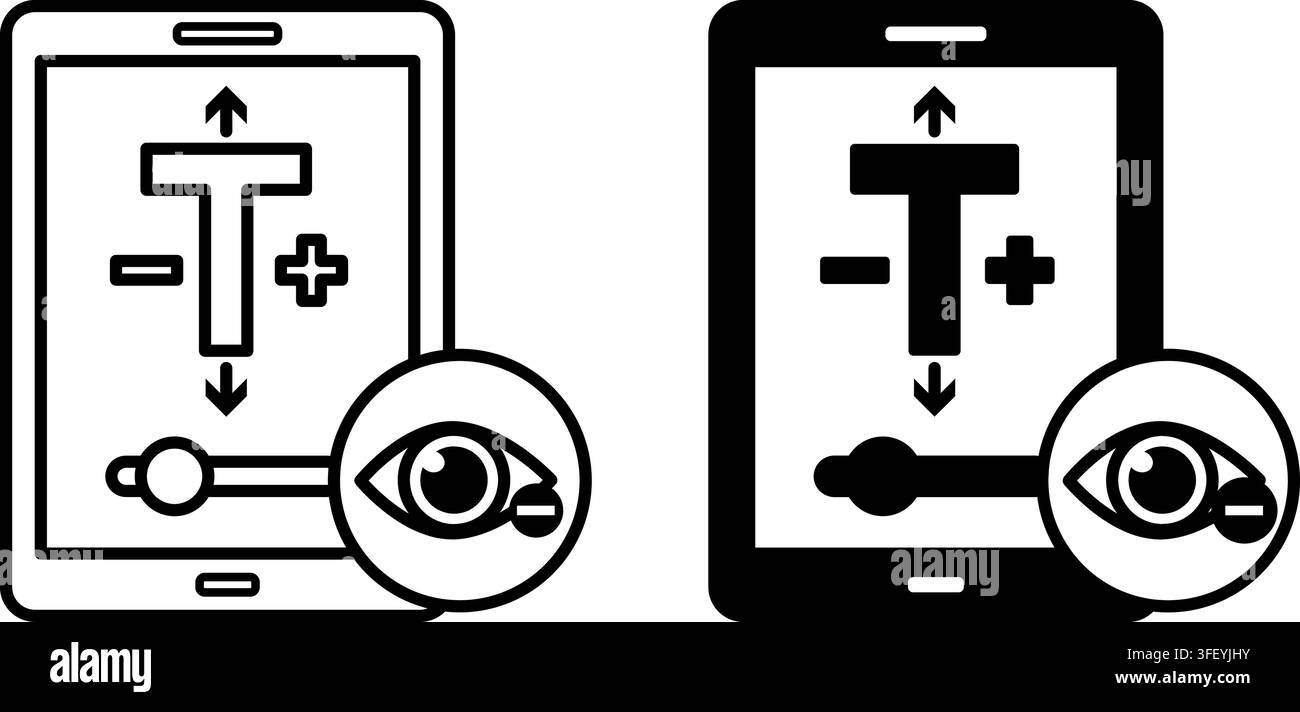 Font Size Adjustment Icons. Line and Glyph Vector Illustrations. A feature that allows the user to increase or decrease the text size on a phone scree Stock Vector