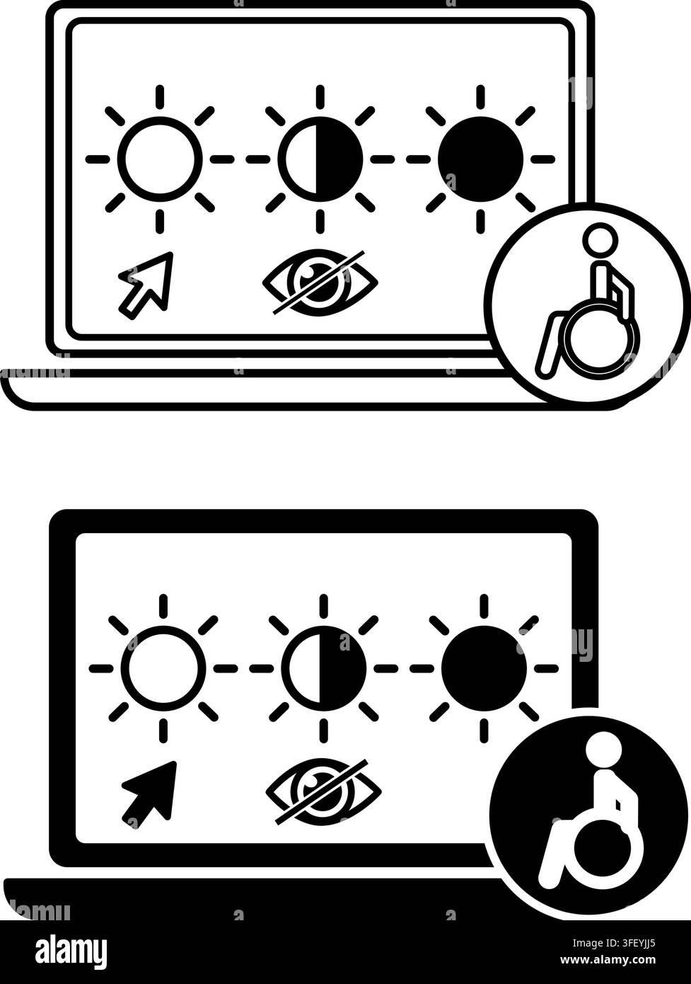 High Contrast Mode Icons. Line and Glyph Vector Illustrations. Increasing the Color Difference Between Interface Elements Stock Vector