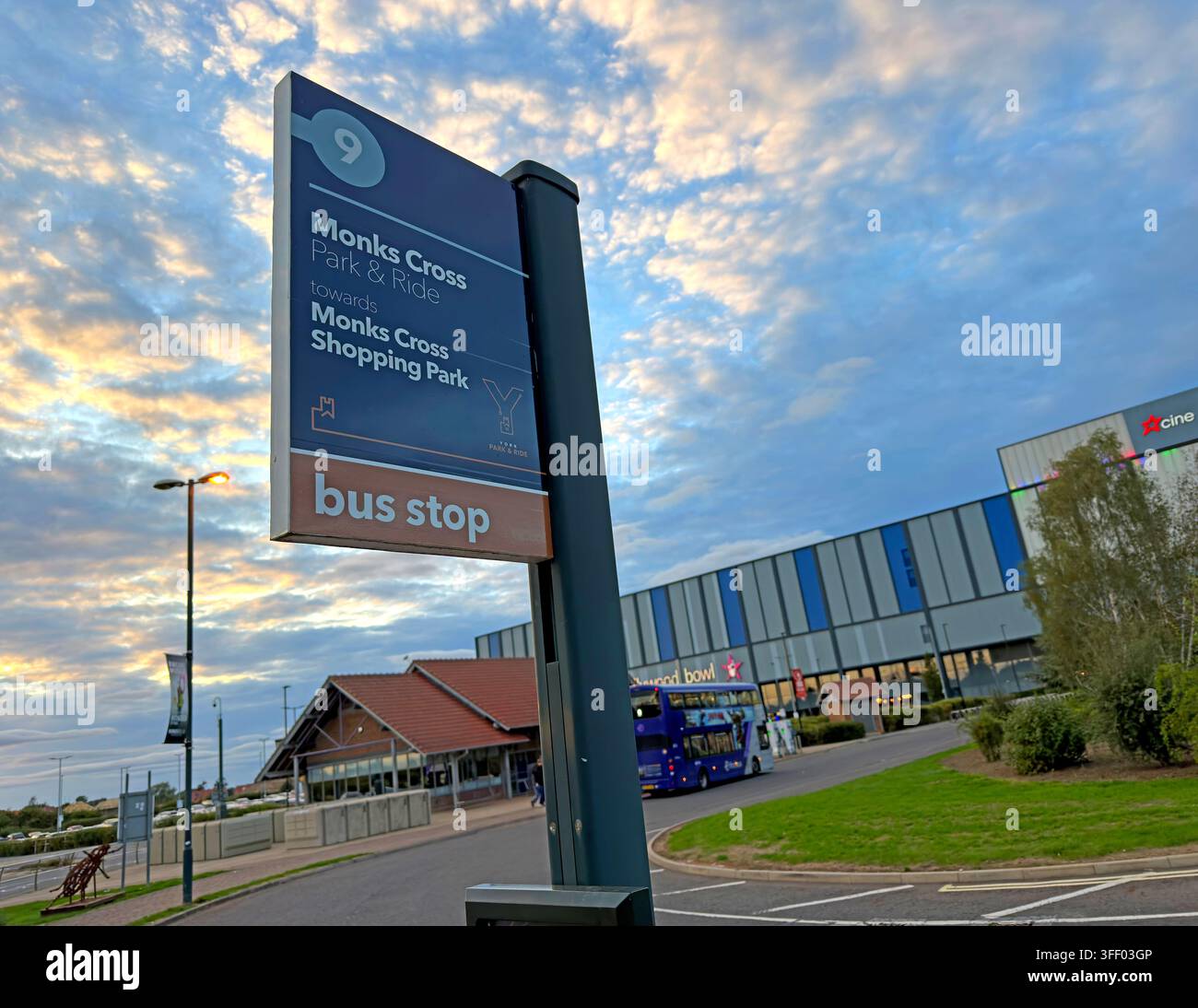 Monks Cross Park & Ride Route 9 bus stop in York beside the shopping park, linking out-of-town parking, retail and public transport hub Stock Photo