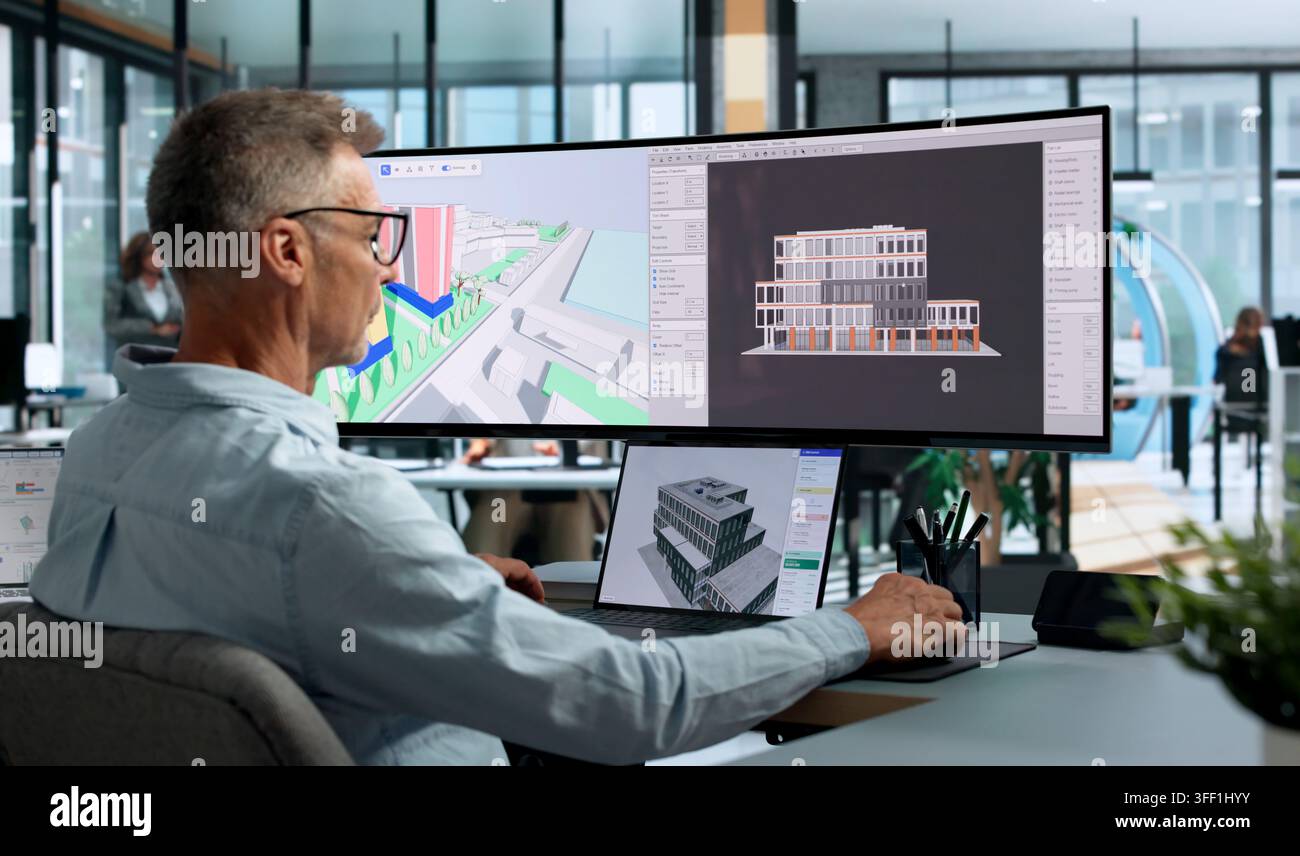 Engineer Studies 3D Building Model On Laptop For Smart Construction Planning. Stock Photo