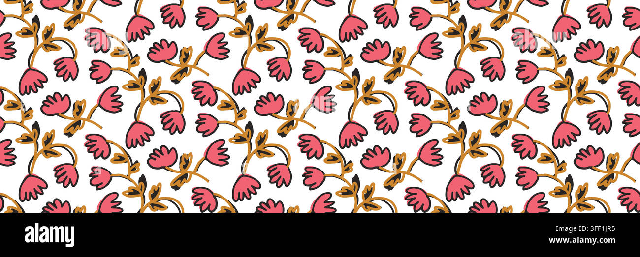 Bold Naive Floral Seamless Pattern with Pink Flowers Stock Vector