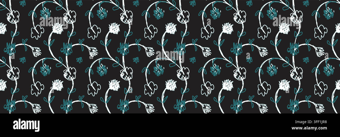 Naive Scribble Floral Seamless Pattern on Dark Background Stock Vector