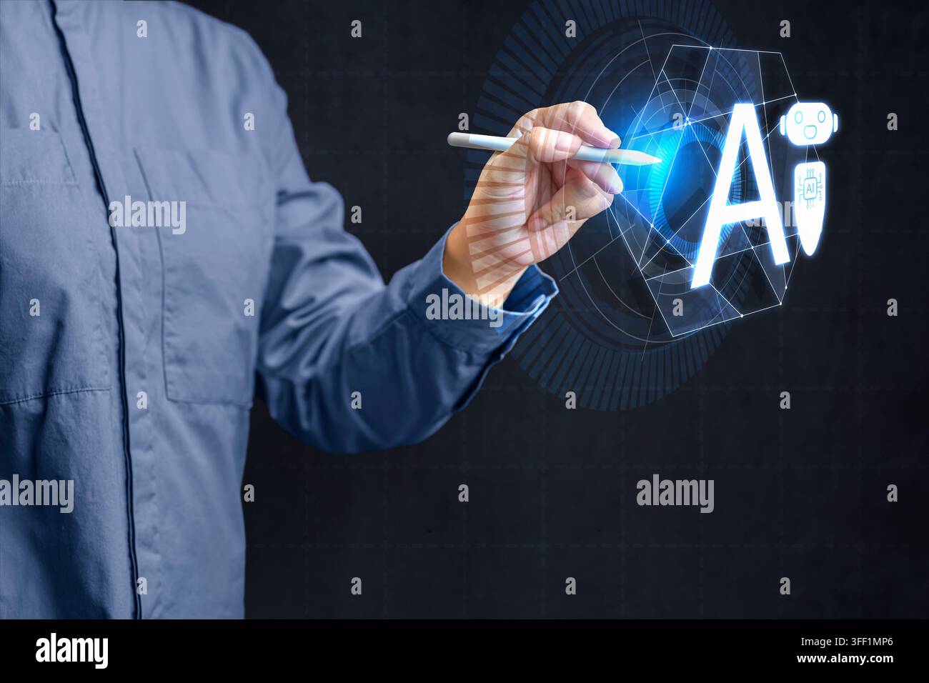 A professional in a blue shirt uses a digital stylus to interact with a glowing, futuristic AI holographic interface against a dark background, symbol Stock Photo