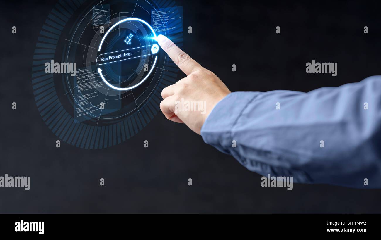 A hand interacts with a glowing, futuristic AI prompt engineering interface on a virtual holographic screen. Generative AI Business concept Stock Photo