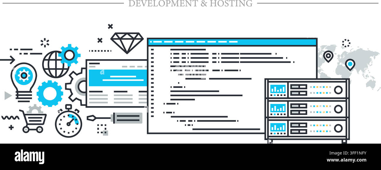 Vector illustration set of development and hosting concept featuring code editor window, server rack, web page layout, diamond, and global network. Stock Vector