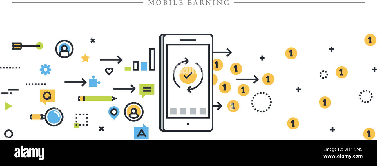 Vector illustration set of mobile earning concept featuring smartphone, gold coins flow, data processing, online banking, and income generation. Stock Vector
