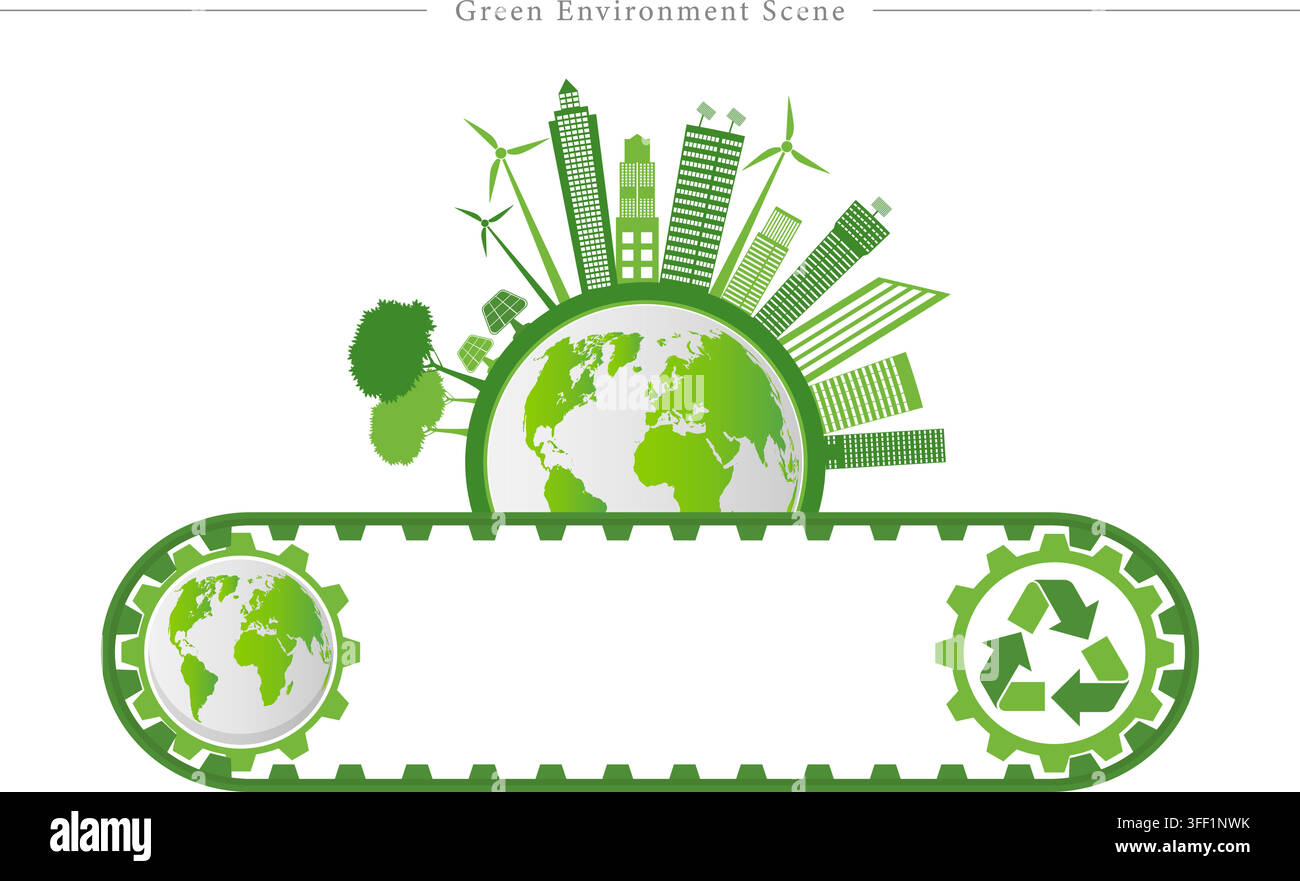 Vector illustration set of green environment scene featuring eco globe, city skyscrapers, wind turbines, solar panels, conveyor belt, and recycle Stock Vector