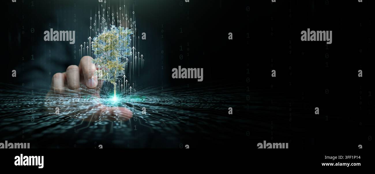 Businessman touching digital tree with upward arrows and binary data streams on circuit board on dark copy space. Technology growth, sustainable digit Stock Photo