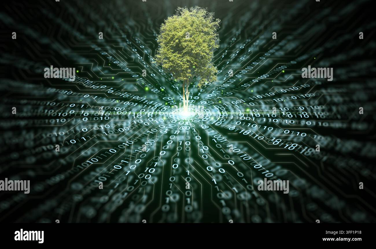 Conceptual digital illustration of tree growing from central high tech circuit board node with binary code streams. Technology growth, sustainable dig Stock Photo