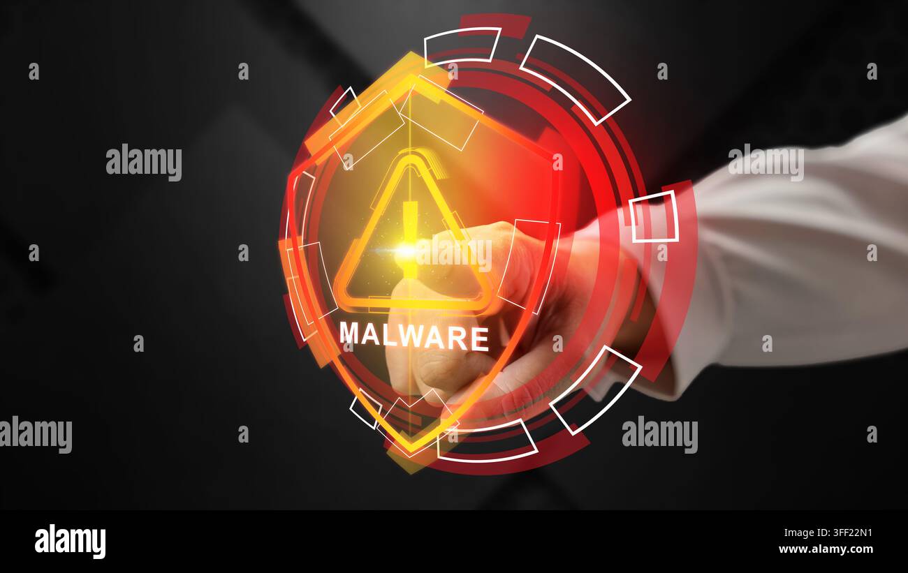 Hand touching a glowing digital interface with a shield icon and the word malware, representing cybersecurity threat detection and virus warning. Cybe Stock Photo
