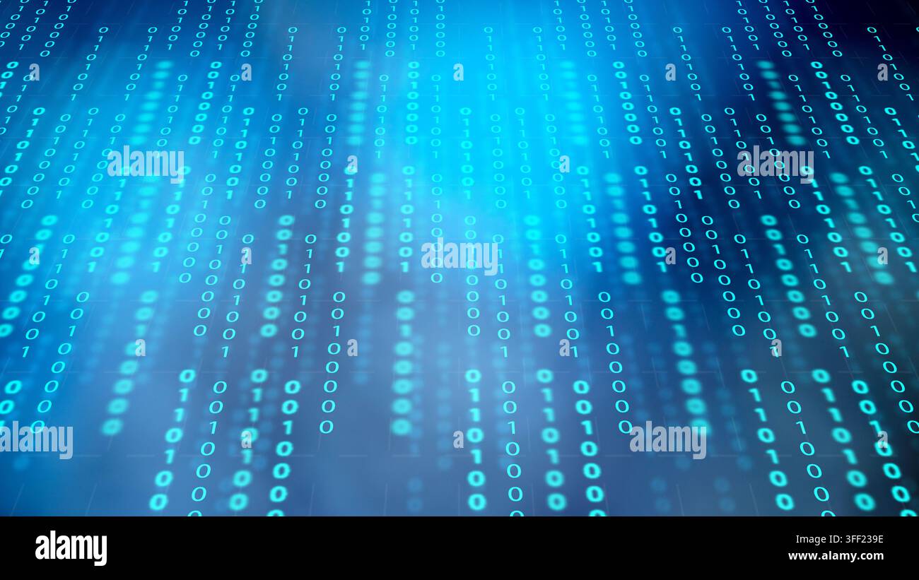 Abstract blue digital background featuring streams of falling binary code representing data transfer, computer science and high-tech network security. Stock Photo