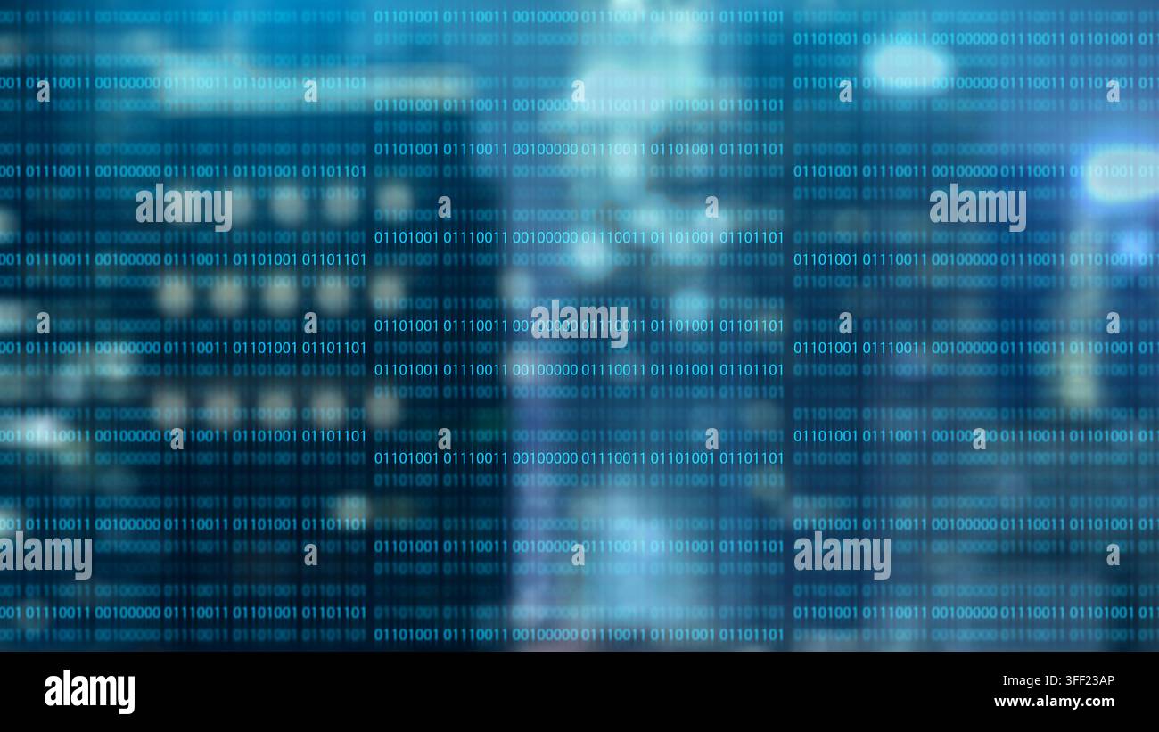 Blue digital background with binary code over a blurred city, representing big data, cybersecurity, and global network tech. Concept of programming or Stock Photo