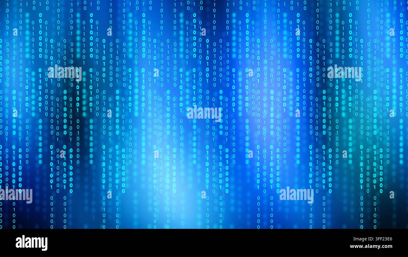 Abstract blue background featuring vertical streams of glowing binary code zeros and ones, representing computer data, programming, and cybersecurity. Stock Photo