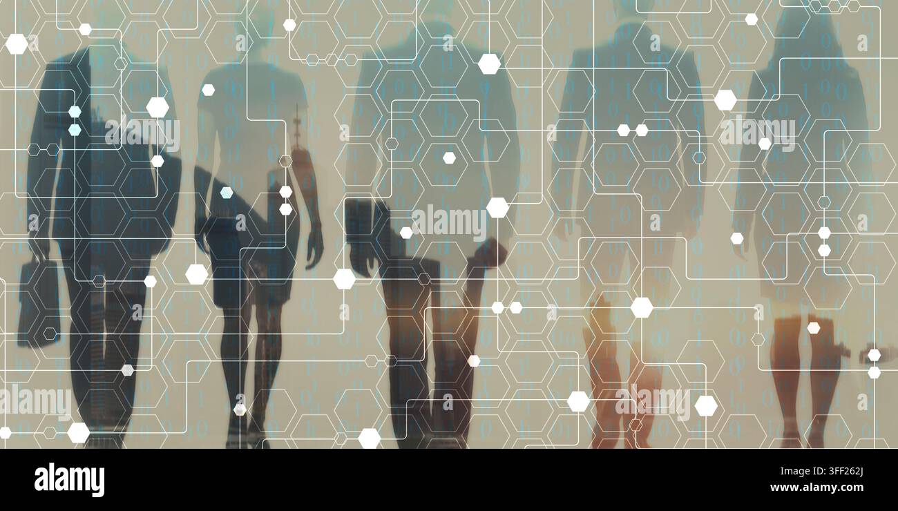 Digital network and connectivity visualization featuring human silhouettes with overlayed binary data and hexagonal patterns for business and technolo Stock Photo