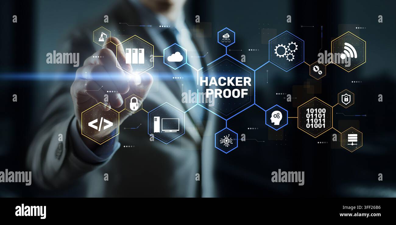 Cybersecurity system for data protection and network security with digital security icons and user interaction Stock Photo