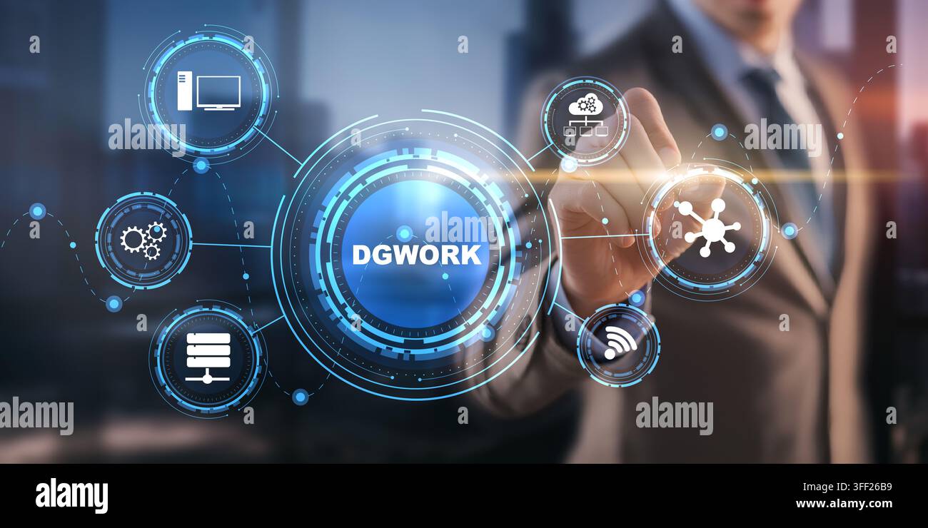 DGWORK digital collaboration platform for business workflow and network system integration with cloud and server icons Stock Photo