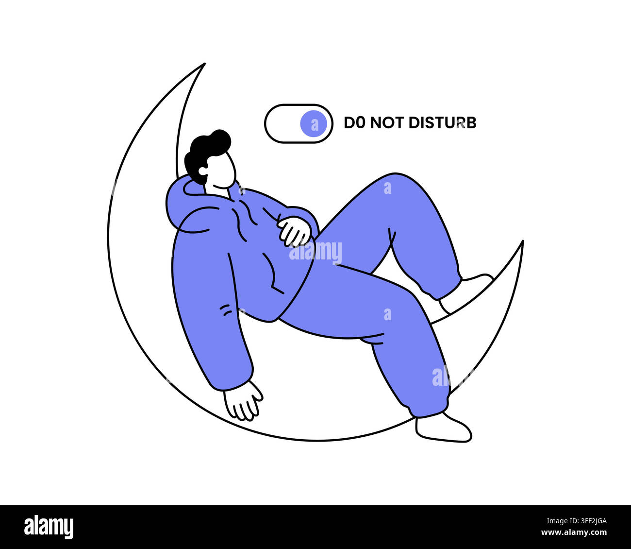 Do not disturb mode vector illustration of a relaxed person resting on a crescent moon for web app interface Stock Vector