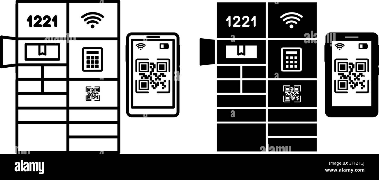 Smart Parcel Locker Icons. Line and Glyph Vector Illustrations. Automated Electronic Cabinet for Safe Receipt and Dispatch of Parcels. Phone with QR C Stock Vector