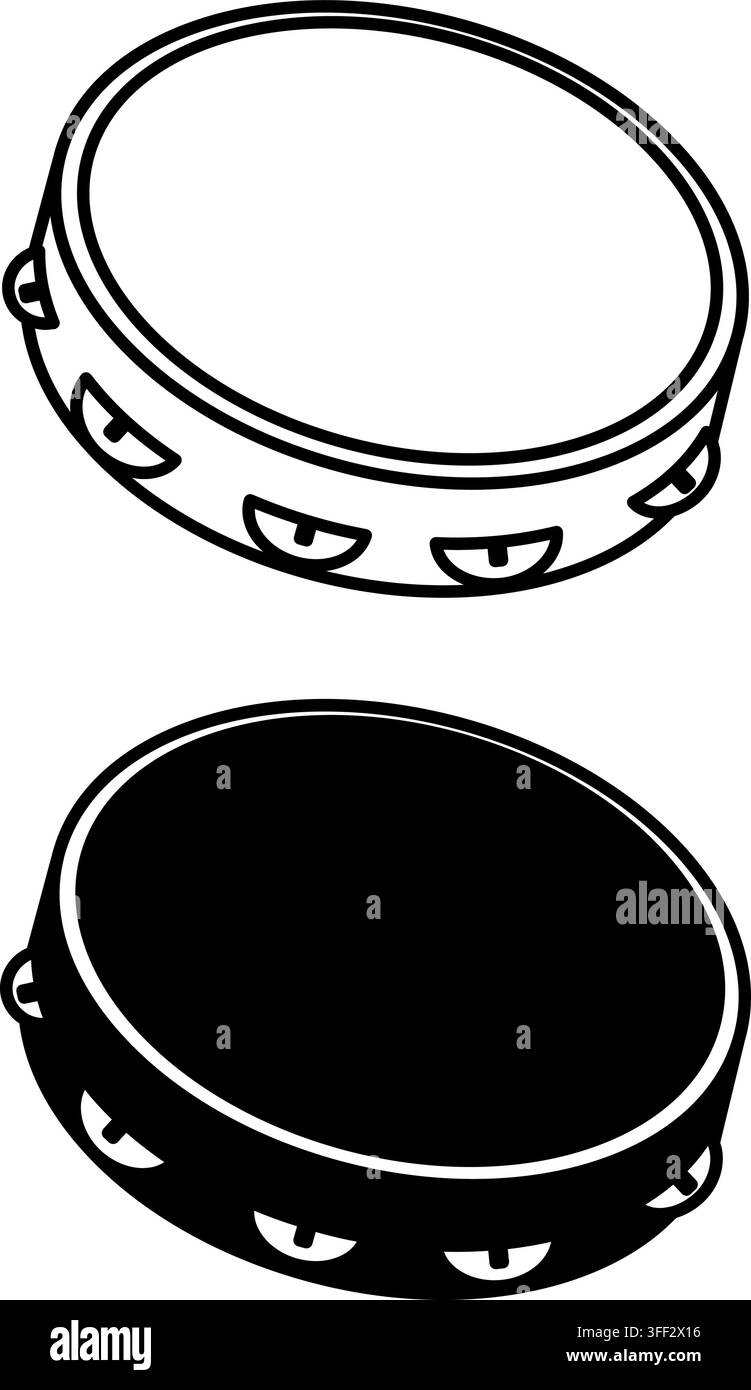 Tambourine Icons. Black and White Vector Icons. Percussion Musical Instrument, Drum. Brazilian Carnival Concept Stock Vector