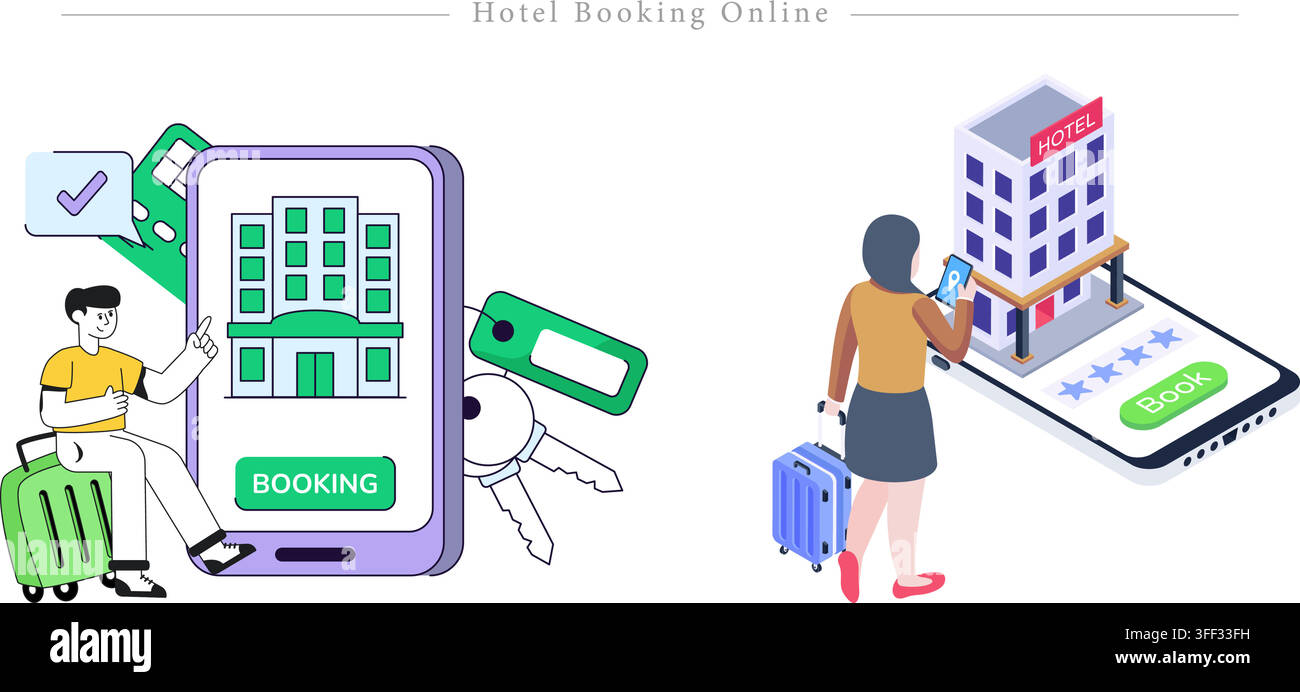 Vector illustration set of online hotel bookings featuring mobile apps, smartphone reservations, luggage, accommodation, and tourism symbols. Stock Vector