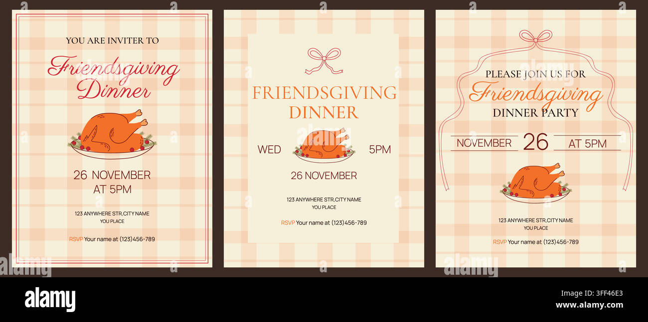 Vector set of Friendsgiving invitation templates featuring a hand-drawn turkey and bows for a celebratory dinner. Stock Vector