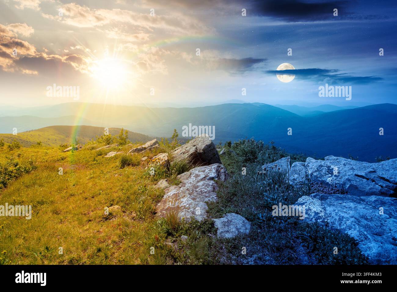 Carpathian mountain landscape on summer solstice. scenic view of Transcarpathia region from the mnt. Smooth. alpine blueberry field with rock on the P Stock Photo