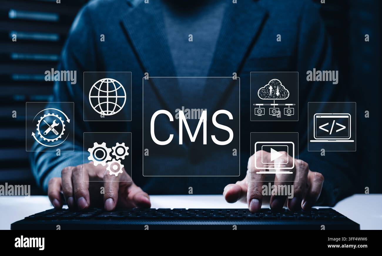 Content management system (CMS) concept. Programmer operating website development tools, managing web content, cloud data, coding, and multimedia for Stock Photo