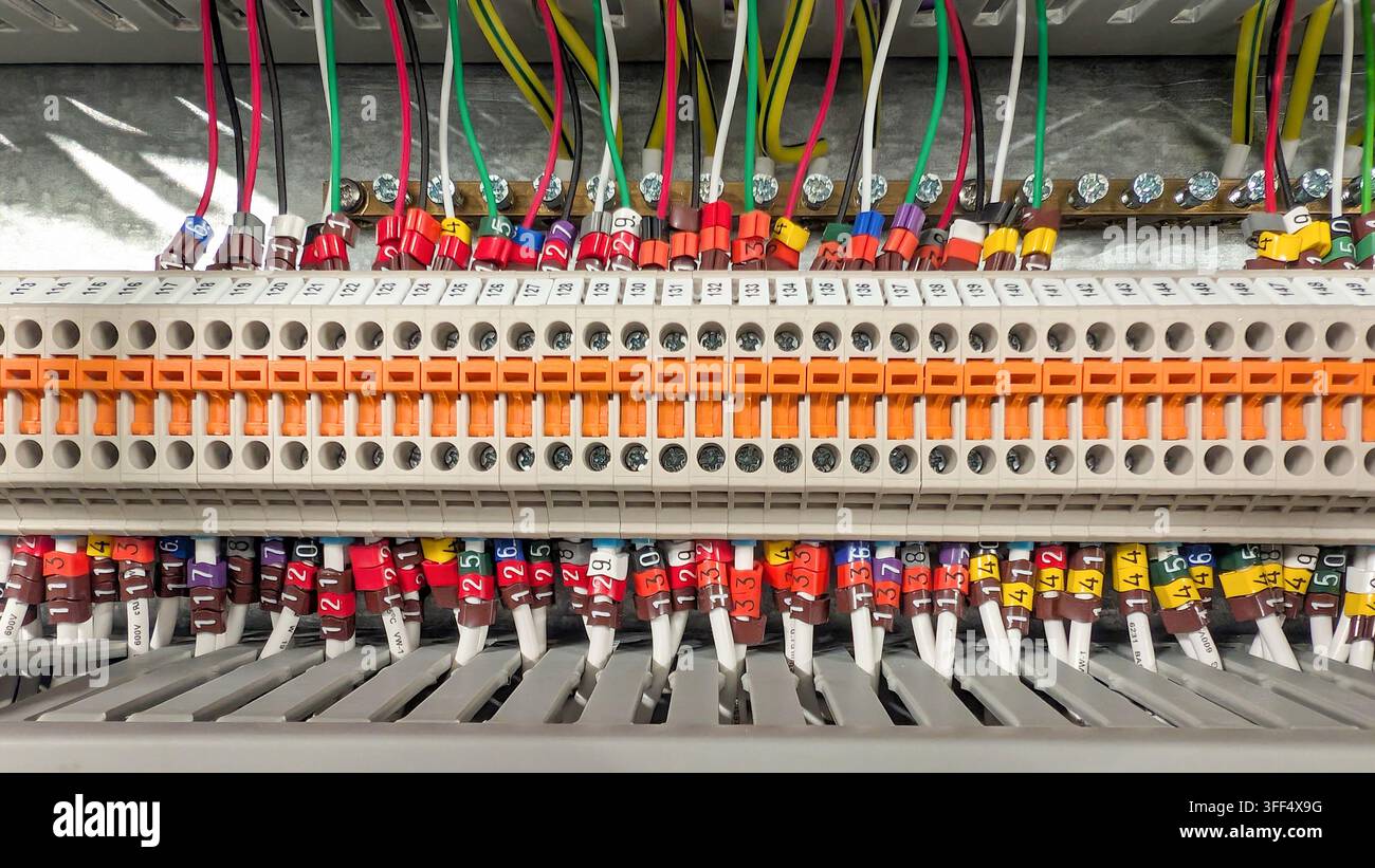 Close-up of industrial electrical control panel wiring with numbered terminal blocks, colour-coded cable markers and organised control wiring Stock Photo
