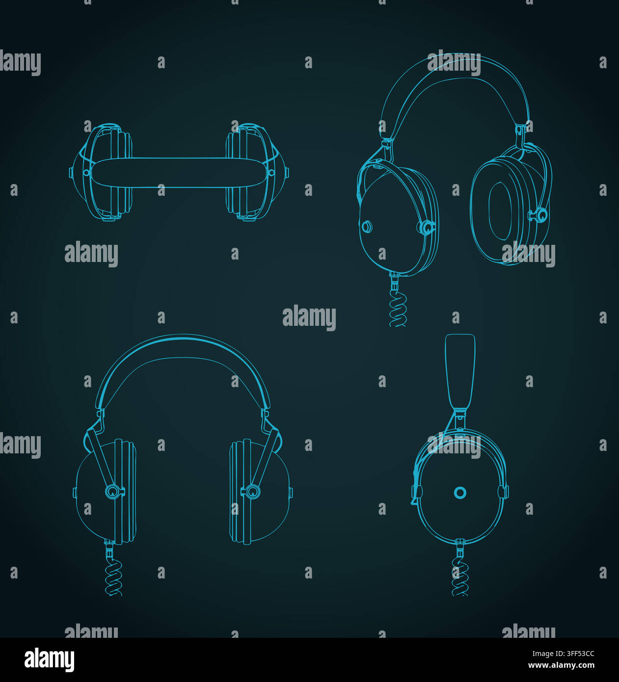 Over-ear headphones blueprints, stylized vector illustration Stock Vector