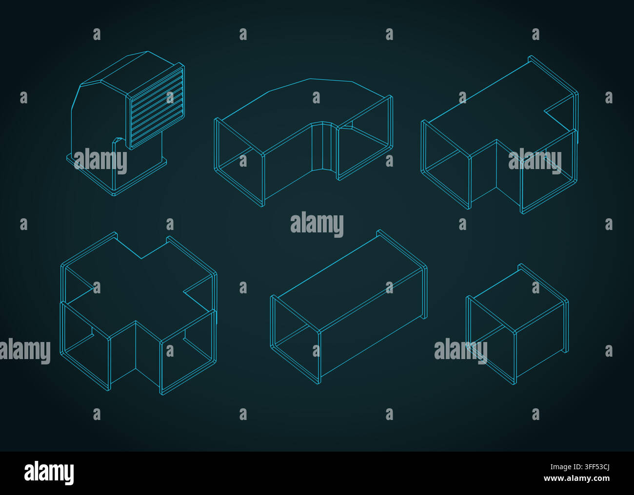Ventilation duct network elements isometric blueprint set. Stylized vector line art illustration Stock Vector