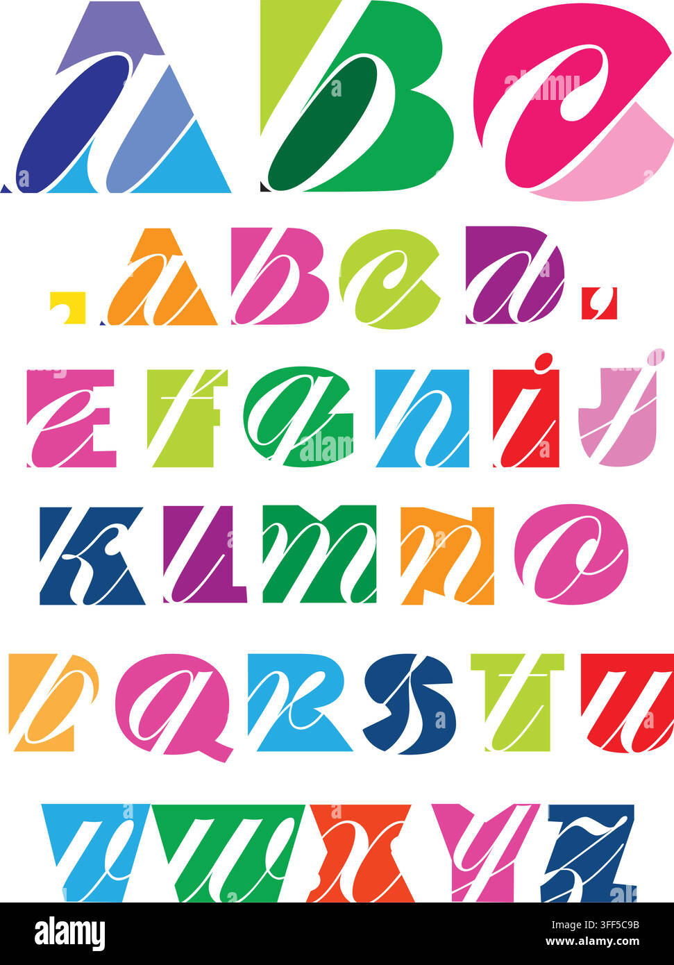 Colorful vector alphabet featuring white script letters inside bright geometric shapes, designed for creative branding. Stock Vector